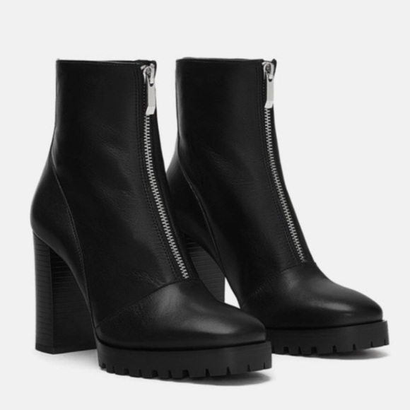 Zara Soft Leather Front Zip Heeled Platform Ankle Boots US8 Womens